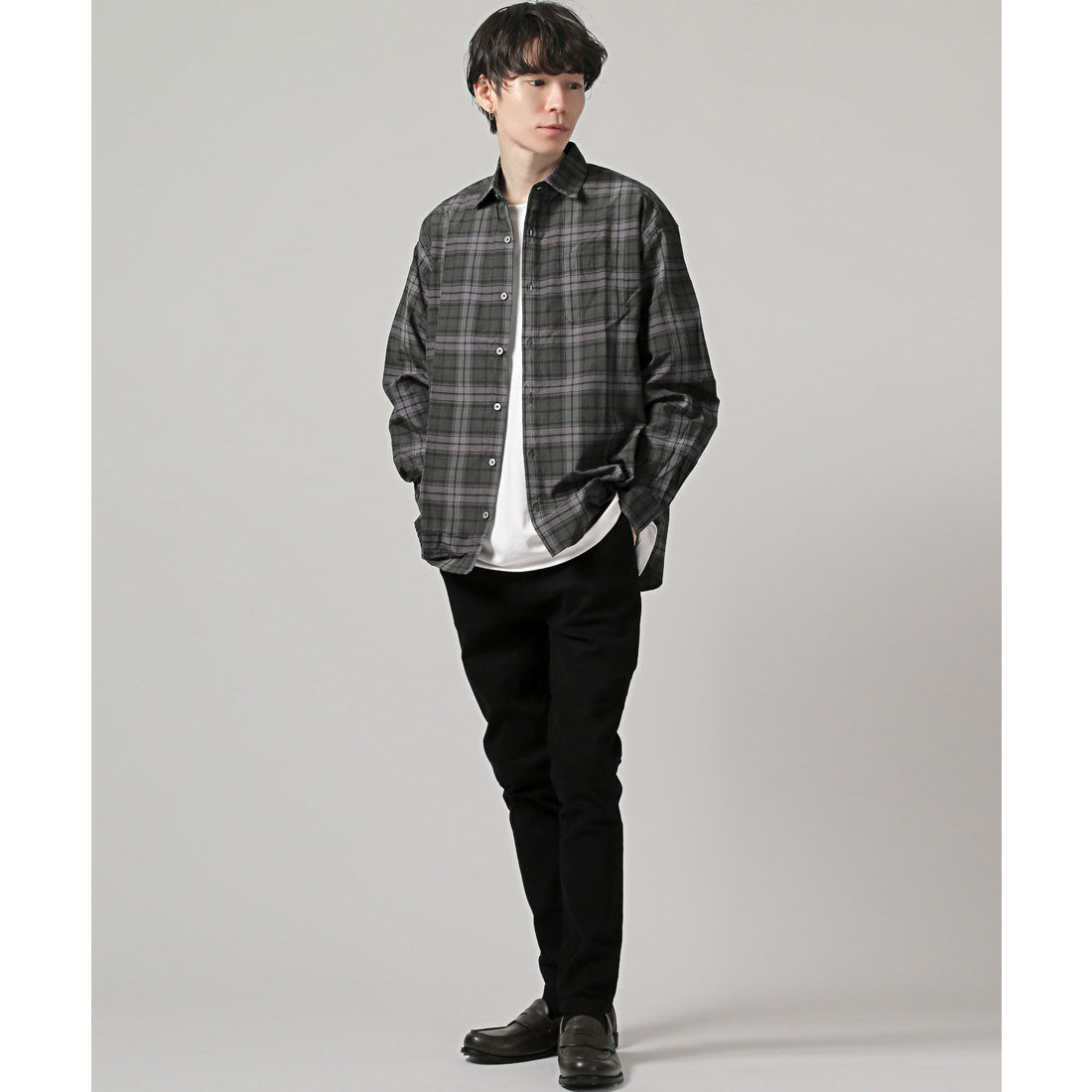 拉格風格 LUXSTYLE 總圖案常規領長袖襯衫/常規領 胸口袋 條紋 格子 總圖案 平紋布料