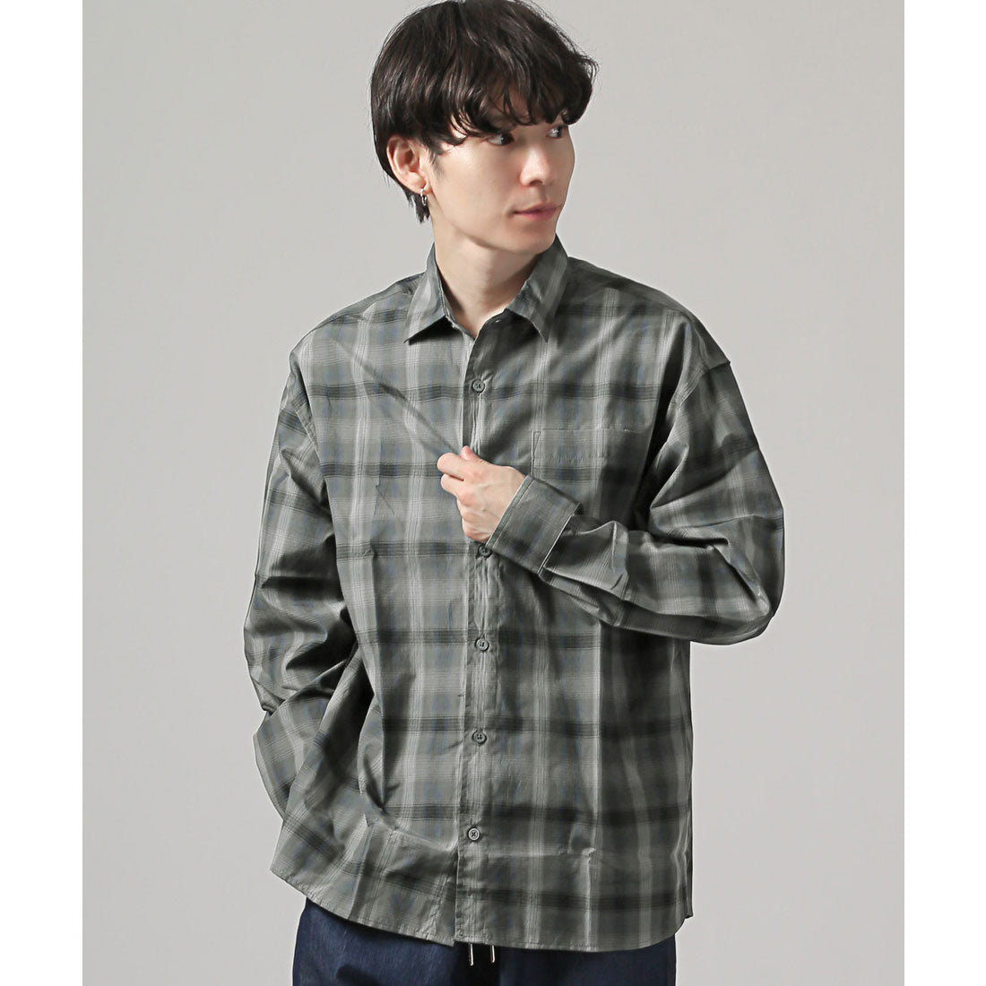 拉格風格 LUXSTYLE 總圖案常規領長袖襯衫/常規領 胸口袋 條紋 格子 總圖案 平紋布料