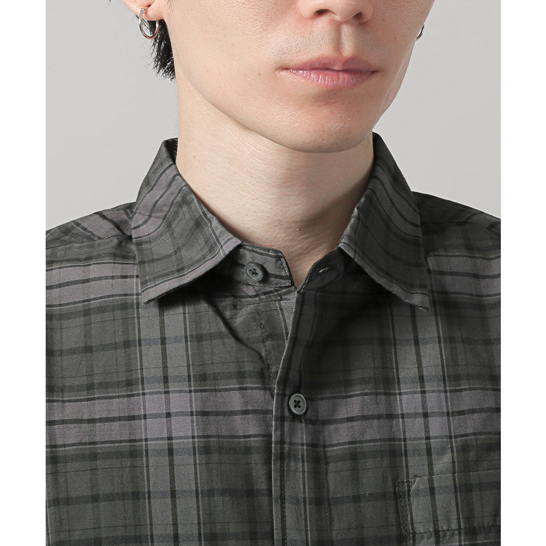 拉格風格 LUXSTYLE 總圖案常規領長袖襯衫/常規領 胸口袋 條紋 格子 總圖案 平紋布料