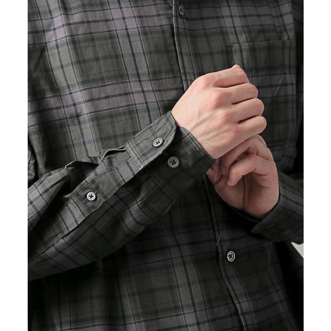 拉格風格 LUXSTYLE 總圖案常規領長袖襯衫/常規領 胸口袋 條紋 格子 總圖案 平紋布料