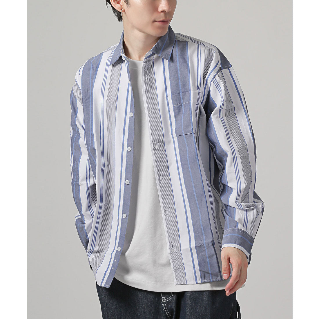 拉格風格 LUXSTYLE 總圖案常規領長袖襯衫/常規領 胸口袋 條紋 格子 總圖案 平紋布料