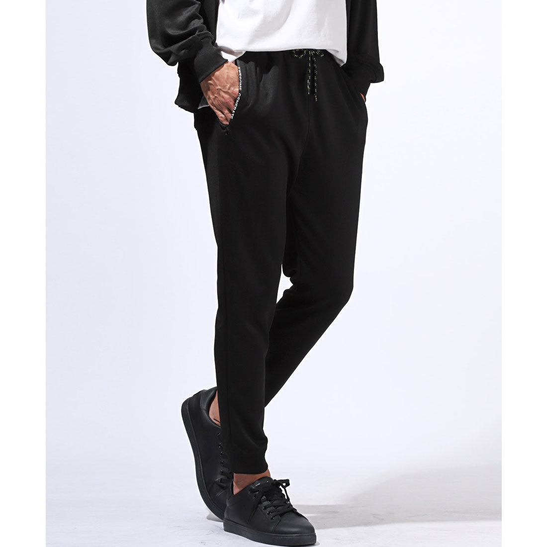 Rug style LUXSTYLE zip logo pocket jogger pants / jersey bottoms logo zipper pocket elastic waist rib monochrome