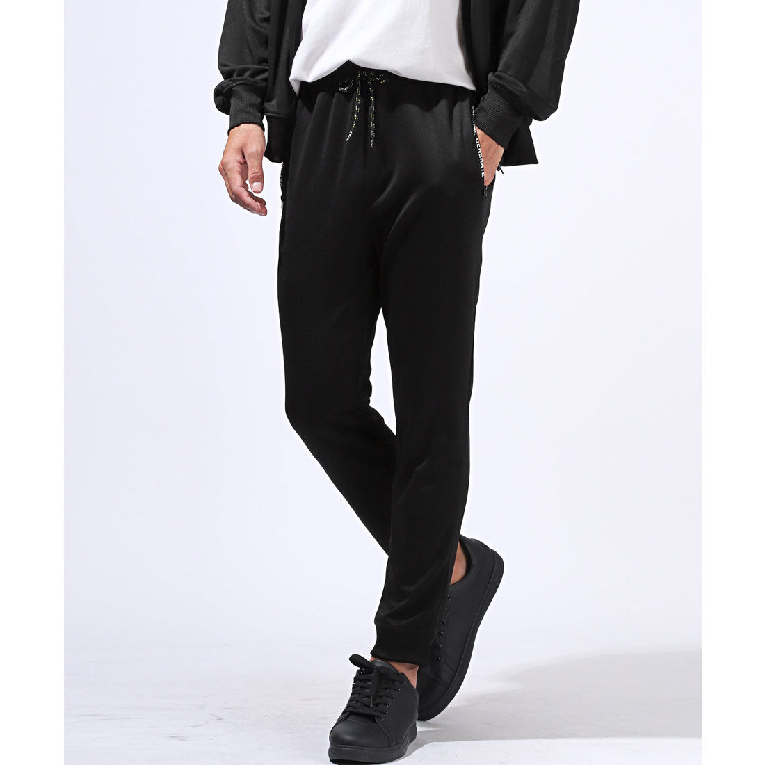 Rug style LUXSTYLE zip logo pocket jogger pants / jersey bottoms logo zipper pocket elastic waist rib monochrome