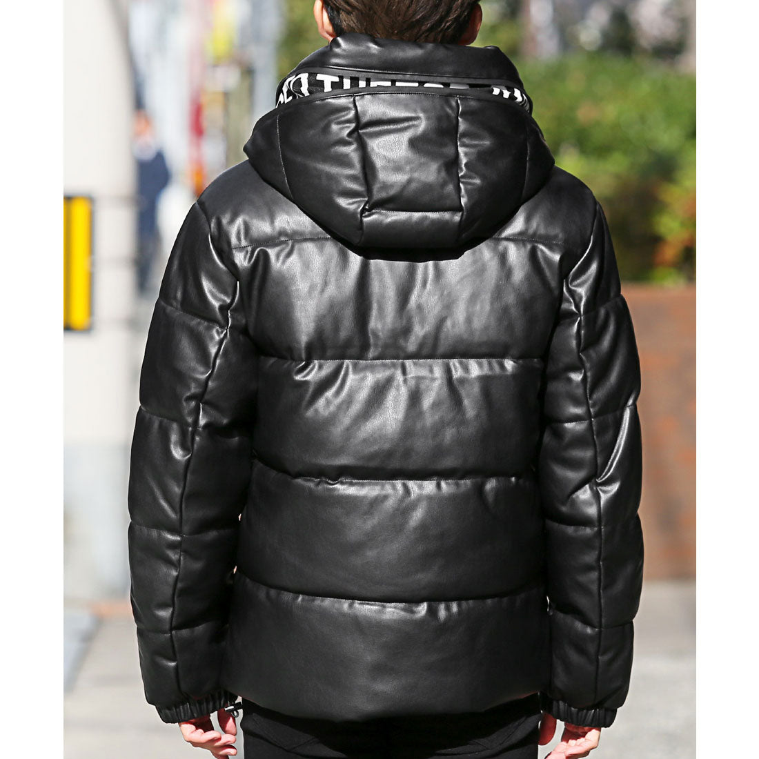 LUXSTYLE PU Leather Hooded Design Mid-Length Blouson / Blouson PU Leather synthetic leather Faux Leather Fake Down Cold Protection Warmth Cozy Logo Jacquard Weave