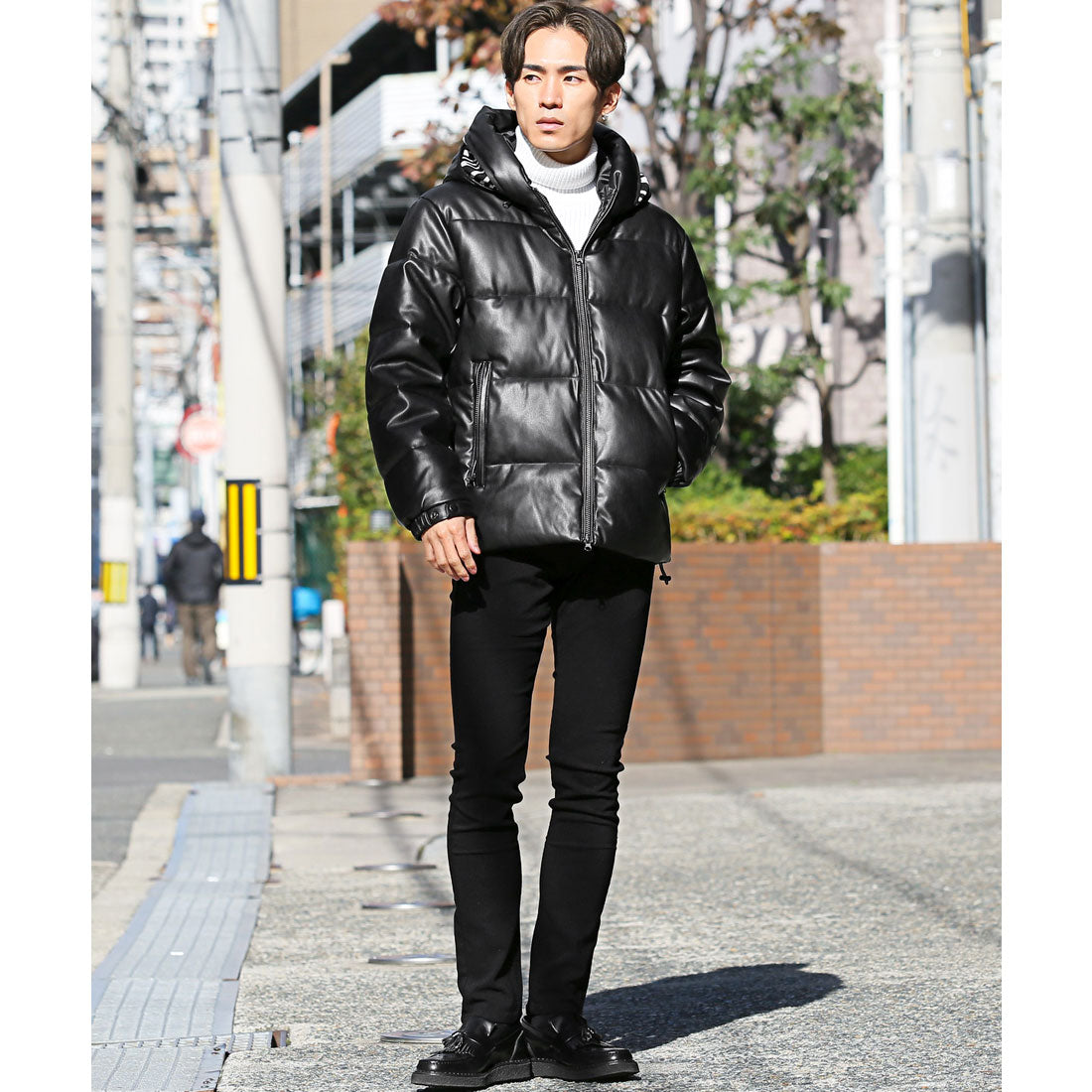 LUXSTYLE PU Leather Hooded Design Mid-Length Blouson / Blouson PU Leather synthetic leather Faux Leather Fake Down Cold Protection Warmth Cozy Logo Jacquard Weave