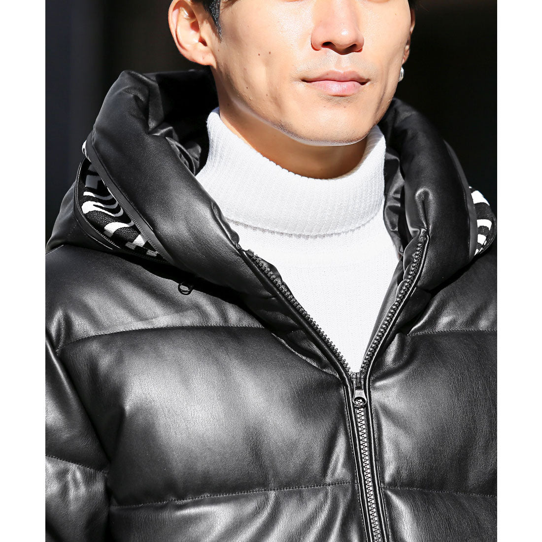 LUXSTYLE PU Leather Hooded Design Mid-Length Blouson / Blouson PU Leather synthetic leather Faux Leather Fake Down Cold Protection Warmth Cozy Logo Jacquard Weave