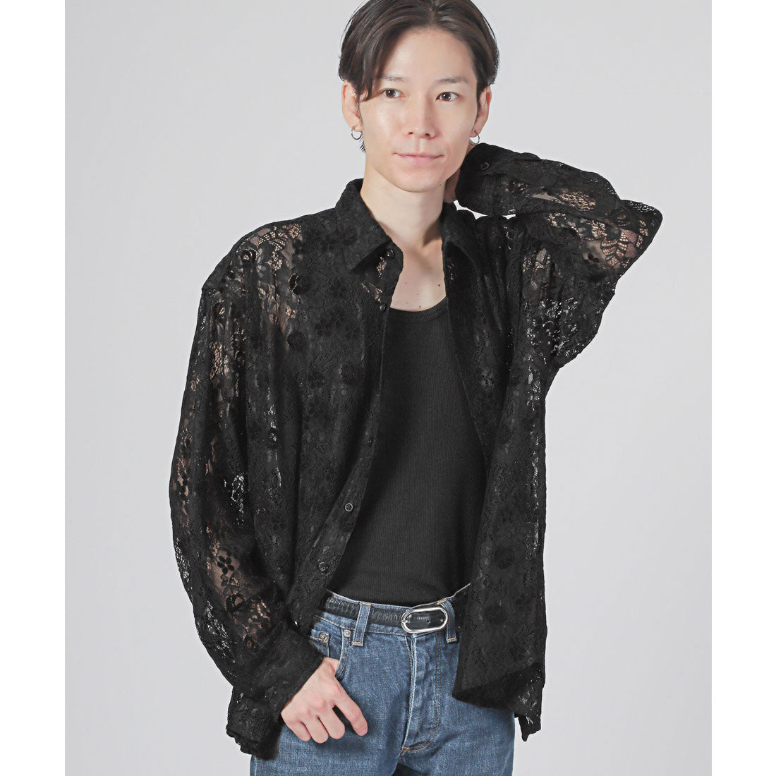 ラグスタイル LUXSTYLE フラワーレース編み長袖シアーシャツ/シアーシャツ 春服 秋服 重ね着 レイヤード フラワー 花柄 レース 透かし編み （グレー） グレー