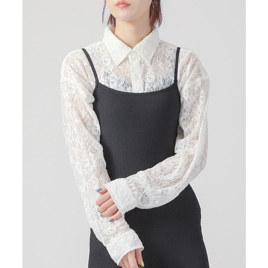 ラグスタイル LUXSTYLE フラワーレース編み長袖シアーシャツ/シアーシャツ 春服 秋服 重ね着 レイヤード フラワー 花柄 レース 透かし編み （グレー） グレー
