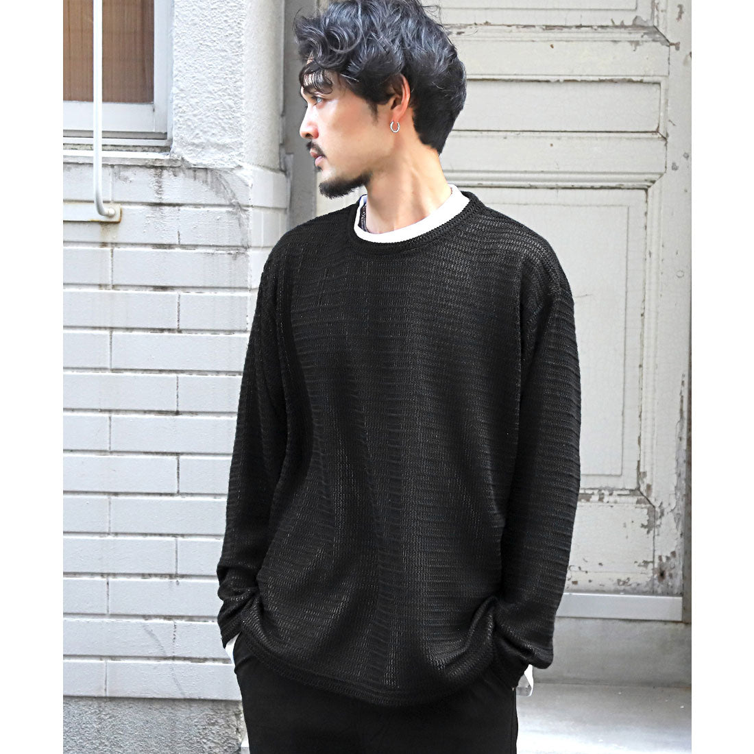 LUXSTYLE Layered Sheer Knit & Long Sleeve T-Shirt / Crew Neck Oversize