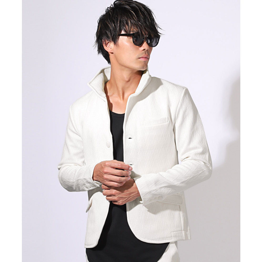 ラグスタイル LUXSTYLE Bernings Shoふくれシェブロン柄イタリアンカラージャケット/メンズ テーラードジャケット 無地 ストレッチ