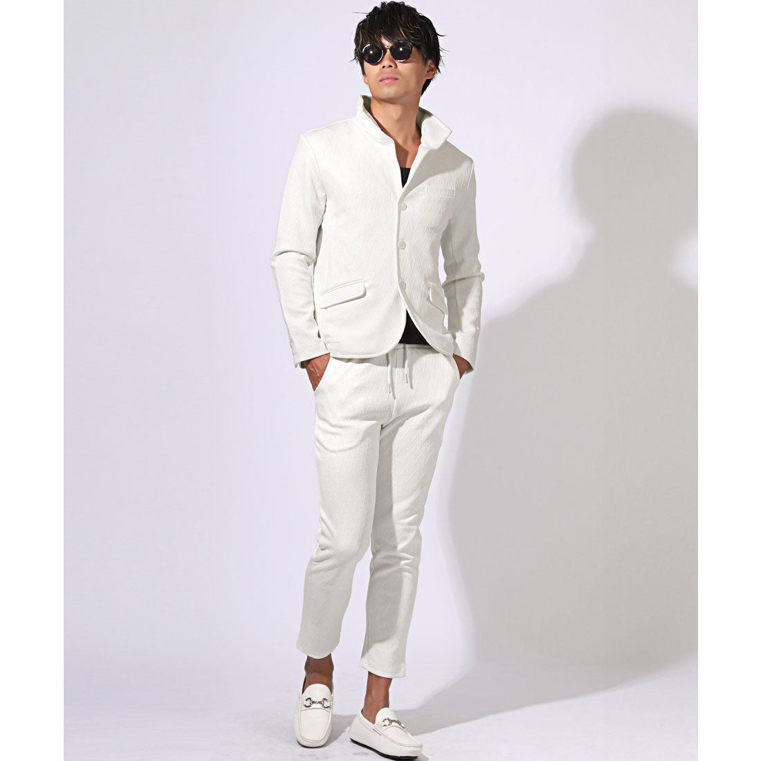 ラグスタイル LUXSTYLE Bernings Shoふくれシェブロン柄イタリアンカラージャケット/メンズ テーラードジャケット 無地 ストレッチ