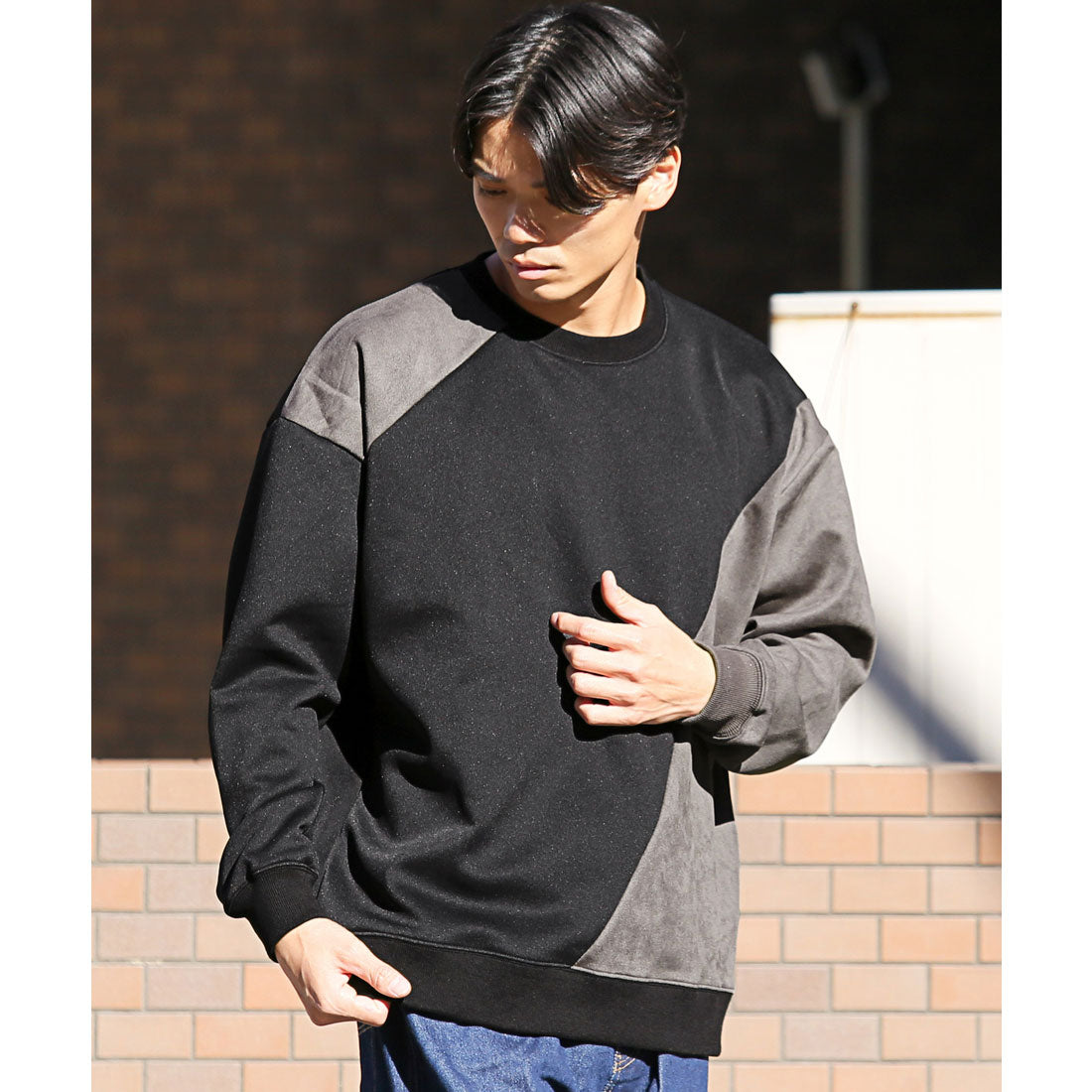 ラグスタイル LUXSTYLE ポリスエードポンチ異素材切替トレーナー/スウェット 長袖 ポンチ スエード 切り替え 秋 冬 春 大きいサイズ オーバーサイズ