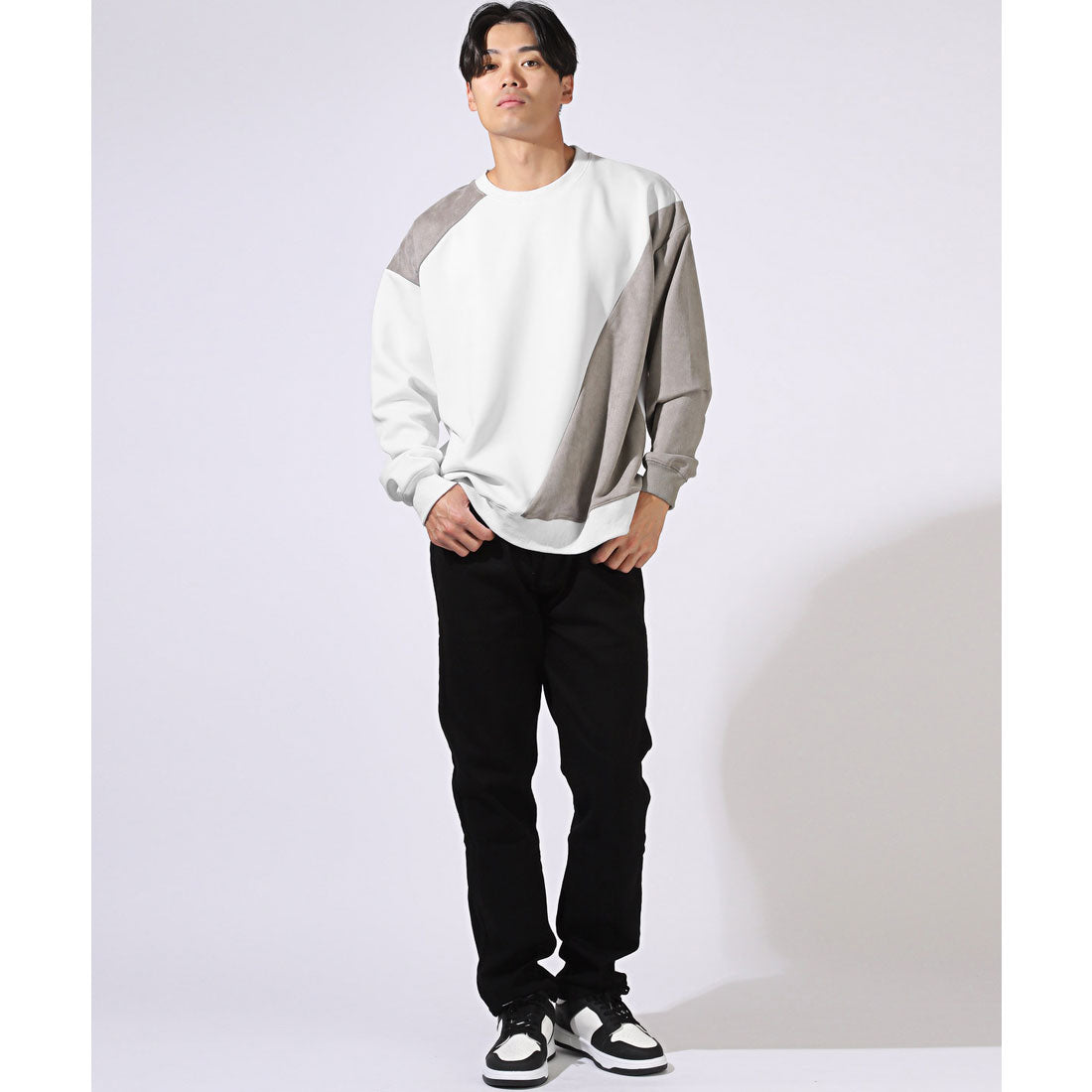 ラグスタイル LUXSTYLE ポリスエードポンチ異素材切替トレーナー/スウェット 長袖 ポンチ スエード 切り替え 秋 冬 春 大きいサイズ オーバーサイズ