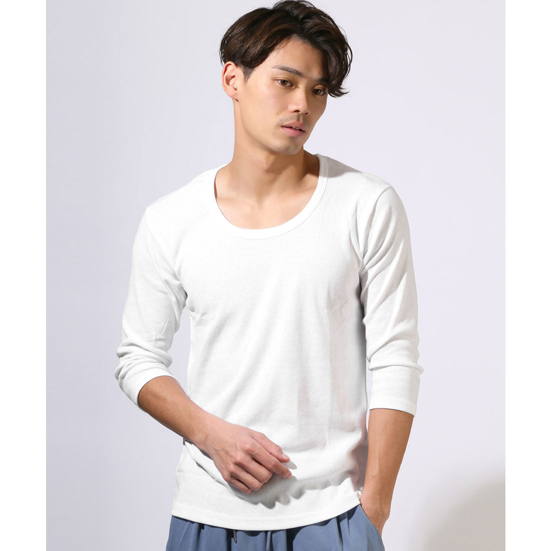 拉格風格 LUXSTYLE U領無印7分袖長袖T恤/男士U領圓領上衣/剪裁上衣/內衣/無印/彈性/伸縮/大尺碼