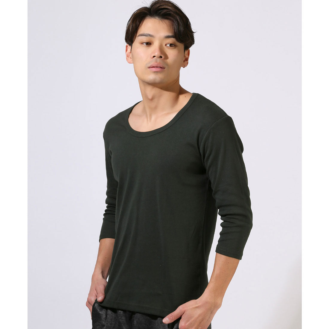 拉格風格 LUXSTYLE U領無印7分袖長袖T恤/男士U領圓領上衣/剪裁上衣/內衣/無印/彈性/伸縮/大尺碼