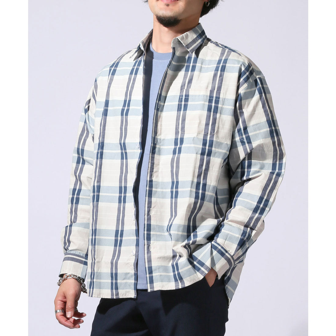 ラグスタイル LUXSTYLE 総柄ワイドシルエット長袖シャツ/シャツ 長袖 Yシャツ ワイシャツ カジュアルシャツ チェックシャツ メンズ チェック柄 ストライプ柄 総柄 柄シャツ （F） F