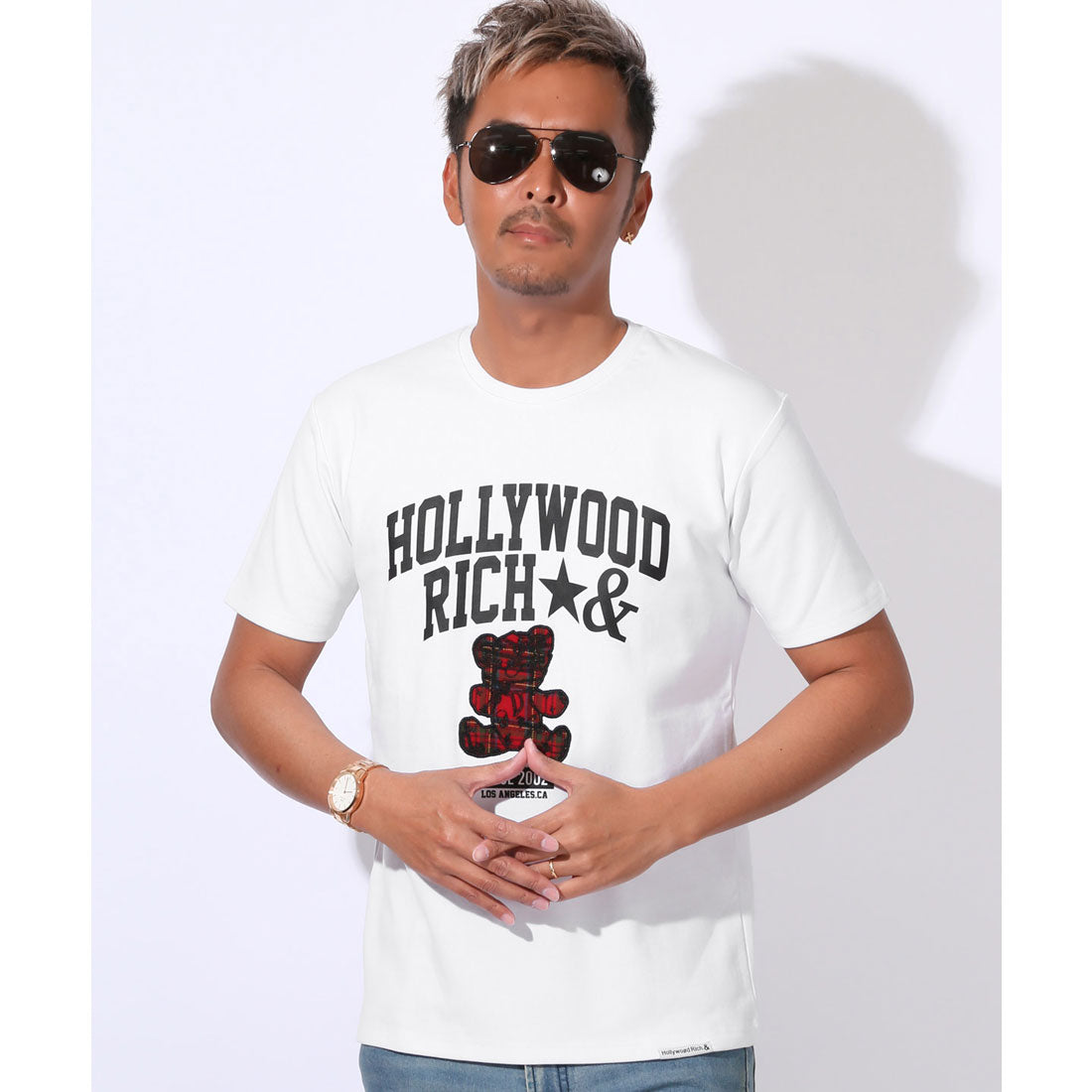 ラグスタイル LUXSTYLE Hollywood rich.&(ハリウッドリッチドットアンド)ロゴプリントベアアップリケ半袖Tシャツ/トップス カットソー メンズ 刺繍 アップリケ タータンチェック クマ テディベア （ブラック） ブラック