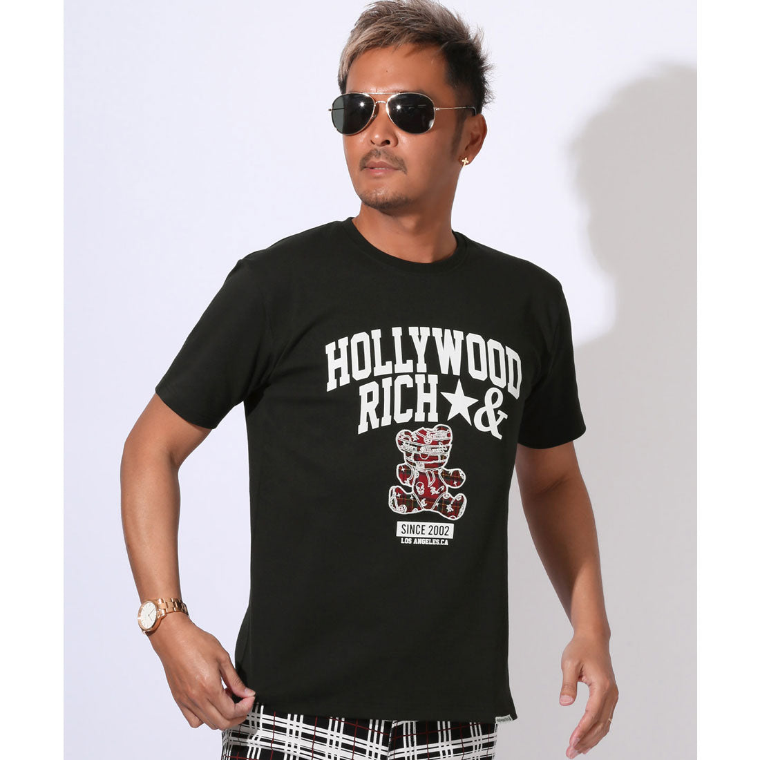 ラグスタイル LUXSTYLE Hollywood rich.&(ハリウッドリッチドットアンド)ロゴプリントベアアップリケ半袖Tシャツ/トップス カットソー メンズ 刺繍 アップリケ タータンチェック クマ テディベア （ブラック） ブラック
