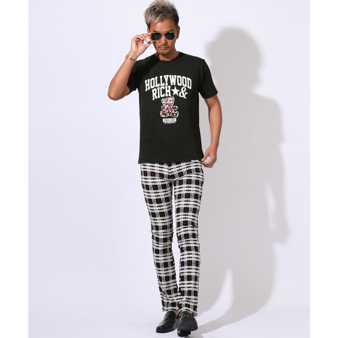 ラグスタイル LUXSTYLE Hollywood rich.&(ハリウッドリッチドットアンド)ロゴプリントベアアップリケ半袖Tシャツ/トップス カットソー メンズ 刺繍 アップリケ タータンチェック クマ テディベア （ブラック） ブラック