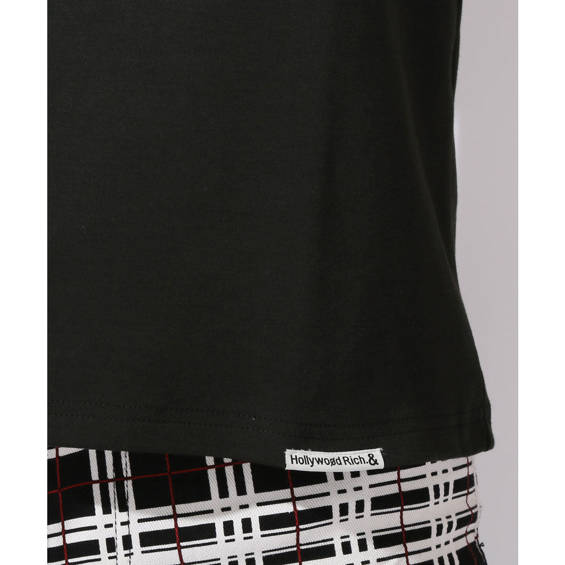 ラグスタイル LUXSTYLE Hollywood rich.&(ハリウッドリッチドットアンド)ロゴプリントベアアップリケ半袖Tシャツ/トップス カットソー メンズ 刺繍 アップリケ タータンチェック クマ テディベア （ブラック） ブラック