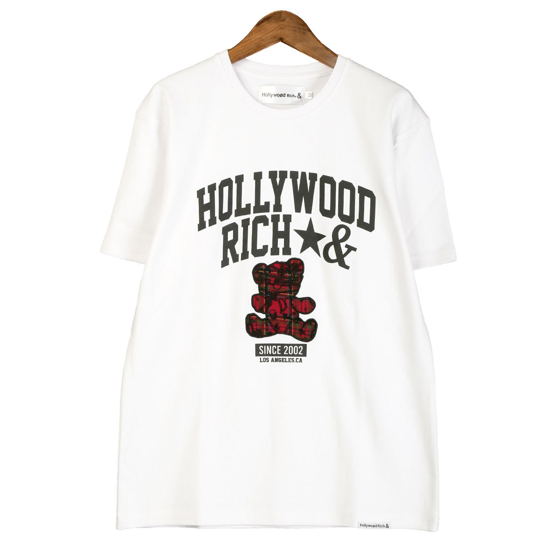 ラグスタイル LUXSTYLE Hollywood rich.&(ハリウッドリッチドットアンド)ロゴプリントベアアップリケ半袖Tシャツ/トップス カットソー メンズ 刺繍 アップリケ タータンチェック クマ テディベア （ブラック） ブラック