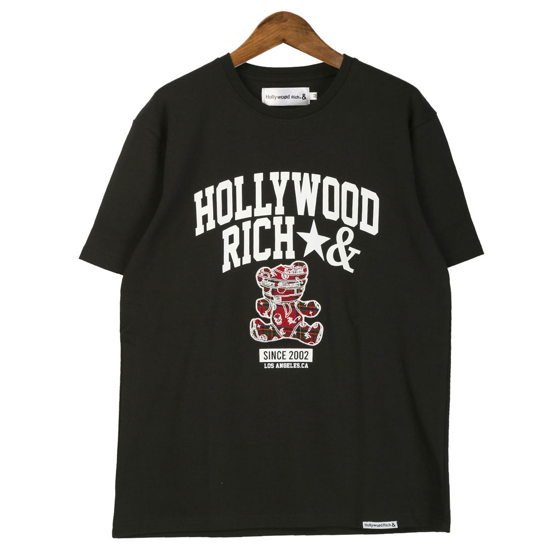 ラグスタイル LUXSTYLE Hollywood rich.&(ハリウッドリッチドットアンド)ロゴプリントベアアップリケ半袖Tシャツ/トップス カットソー メンズ 刺繍 アップリケ タータンチェック クマ テディベア （ブラック） ブラック