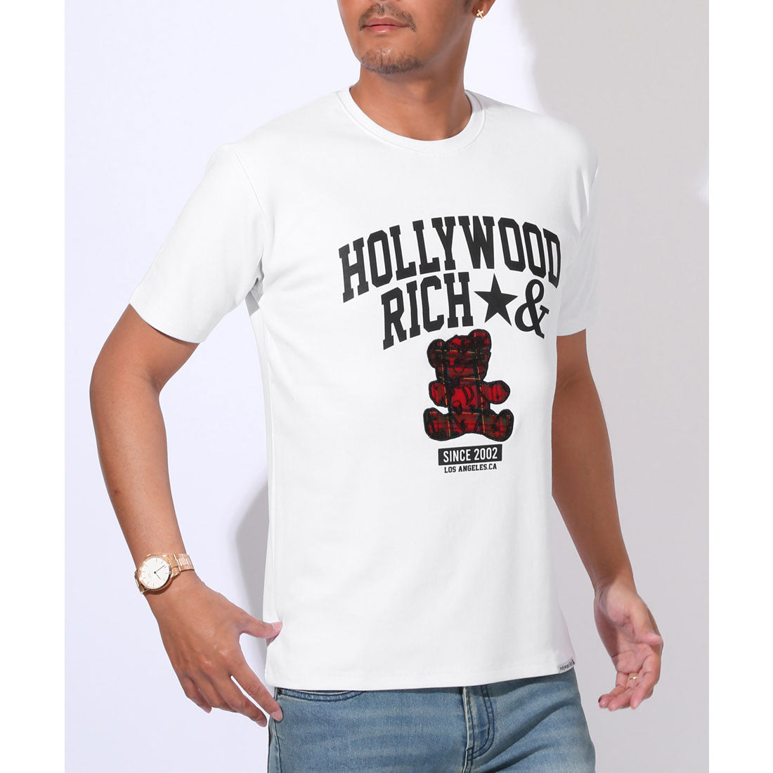 ラグスタイル LUXSTYLE Hollywood rich.&(ハリウッドリッチドットアンド)ロゴプリントベアアップリケ半袖Tシャツ/トップス カットソー メンズ 刺繍 アップリケ タータンチェック クマ テディベア （ホワイト） ホワイト