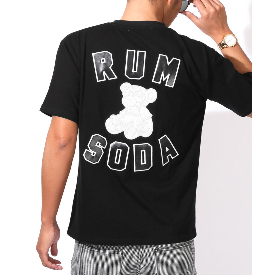 ラグスタイル LUXSTYLE RUMSODA(ラムソーダ)天竺合皮アップリケ半袖Tシャツ/トップス カットソー メンズ ブランド バックプリント PUレザー 刺繍 ワッペン （ブラック） ブラック
