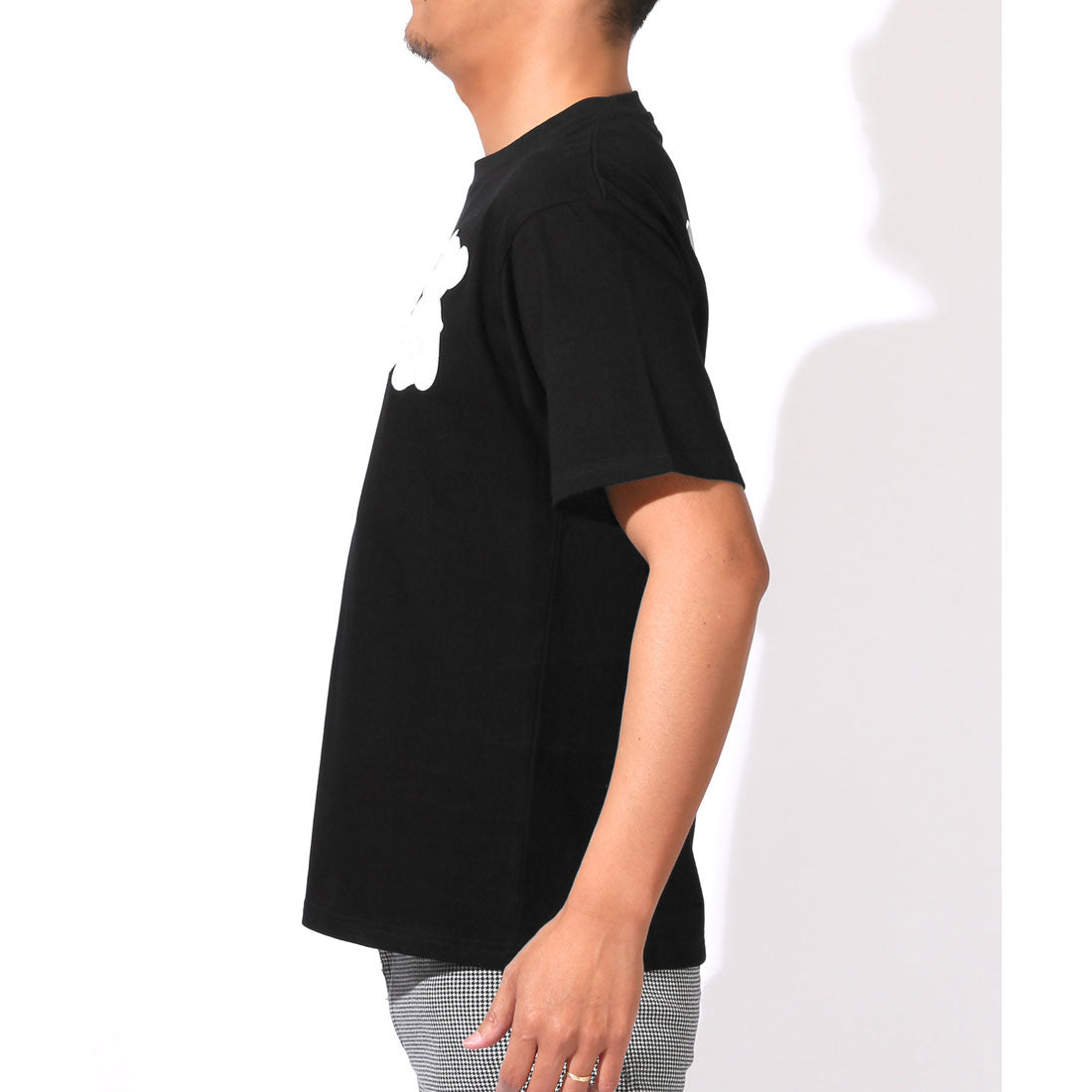 ラグスタイル LUXSTYLE RUMSODA(ラムソーダ)天竺合皮アップリケ半袖Tシャツ/トップス カットソー メンズ ブランド バックプリント PUレザー 刺繍 ワッペン （ブラック） ブラック