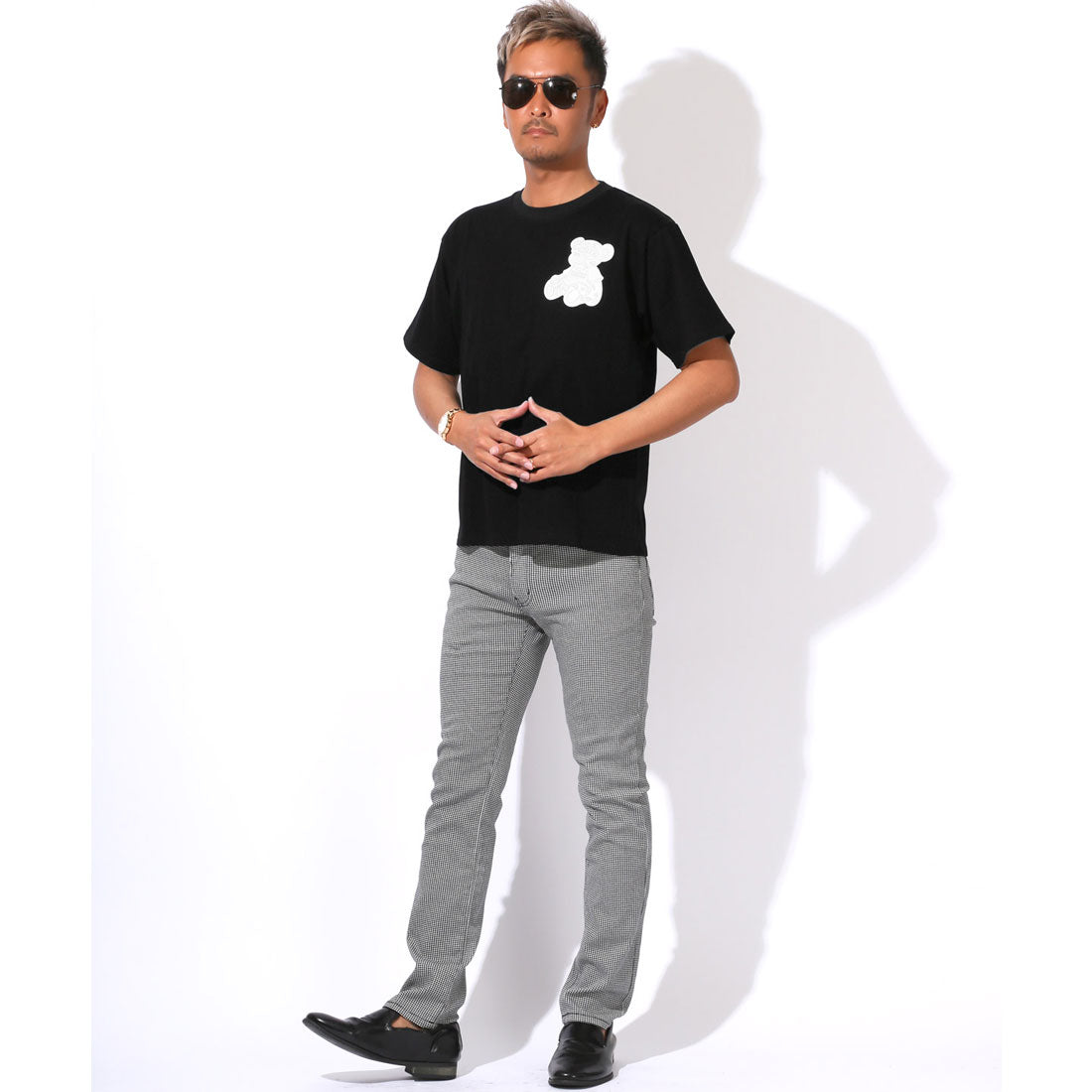 ラグスタイル LUXSTYLE RUMSODA(ラムソーダ)天竺合皮アップリケ半袖Tシャツ/トップス カットソー メンズ ブランド バックプリント PUレザー 刺繍 ワッペン （ブラック） ブラック