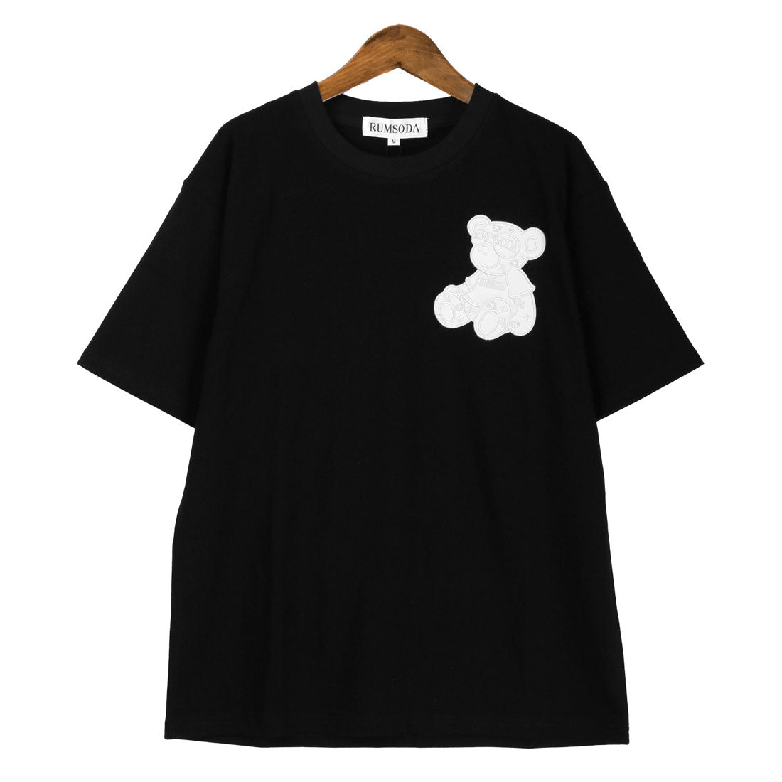 ラグスタイル LUXSTYLE RUMSODA(ラムソーダ)天竺合皮アップリケ半袖Tシャツ/トップス カットソー メンズ ブランド バックプリント PUレザー 刺繍 ワッペン （ブラック） ブラック