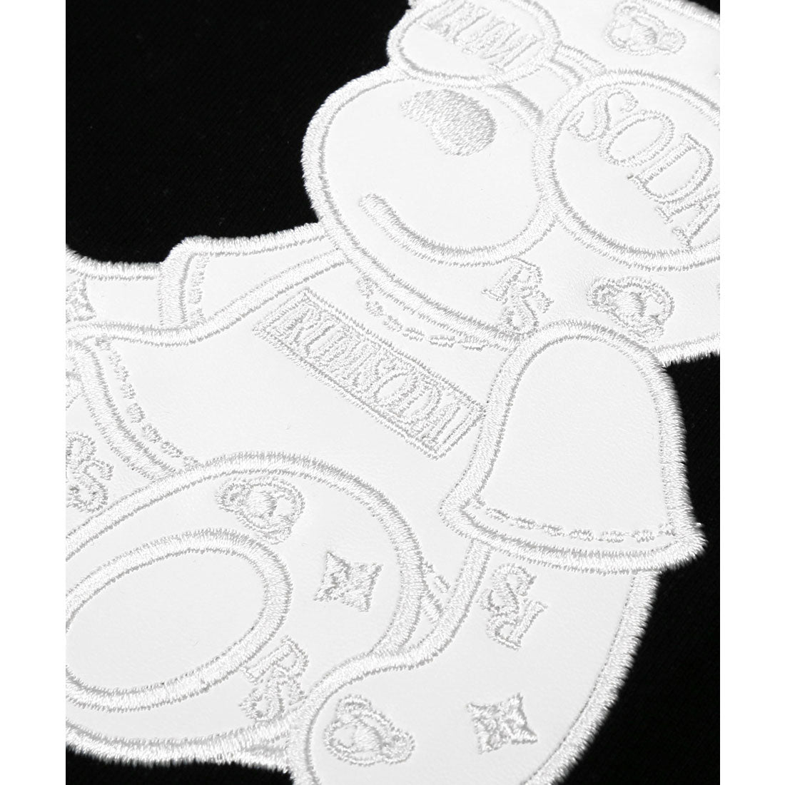 ラグスタイル LUXSTYLE RUMSODA(ラムソーダ)天竺合皮アップリケ半袖Tシャツ/トップス カットソー メンズ ブランド バックプリント PUレザー 刺繍 ワッペン （ブラック） ブラック