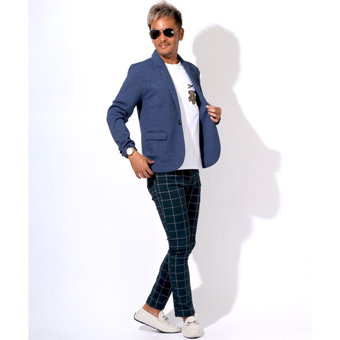 ラグスタイル LUXSTYLE 総柄カツラギチェックパンツ/チノパン スリムパンツ メンズ スキニー チノパンツ ズボン ボトムス チェック柄 総柄 カツラギデニム ストレッチ （ネイビーウィンドウペン） ネイビーウィンドウペン