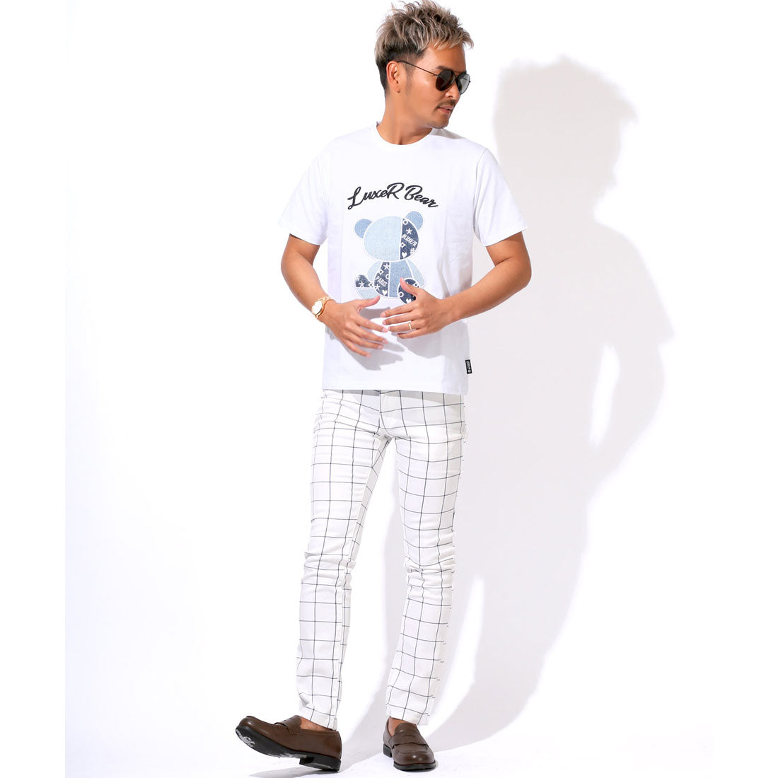 ラグスタイル LUXSTYLE 総柄カツラギチェックパンツ/チノパン スリムパンツ メンズ スキニー チノパンツ ズボン ボトムス チェック柄 総柄 カツラギデニム ストレッチ （ネイビーウィンドウペン） ネイビーウィンドウペン