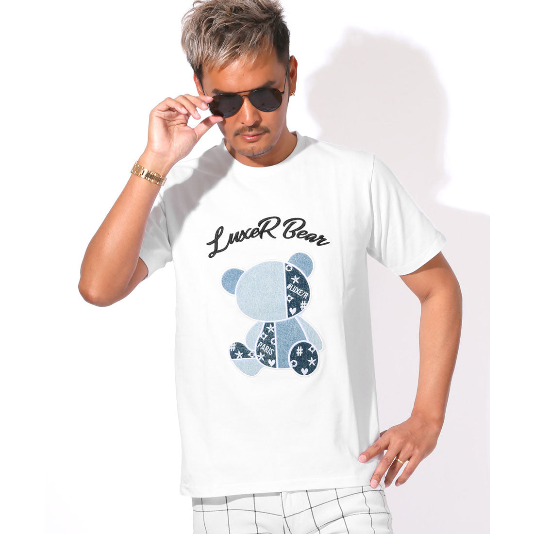 ラグスタイル LUXSTYLE LUXE/R(ラグジュ)デニムベア半袖Tシャツ/トップス カットソー メンズ ブランド 刺繍 ワッペン アップリケ デニム パッチワーク 切替 天竺 （ホワイト） ホワイト