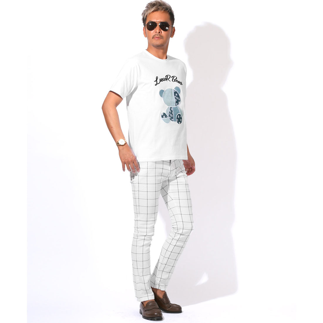 ラグスタイル LUXSTYLE LUXE/R(ラグジュ)デニムベア半袖Tシャツ/トップス カットソー メンズ ブランド 刺繍 ワッペン アップリケ デニム パッチワーク 切替 天竺 （ホワイト） ホワイト