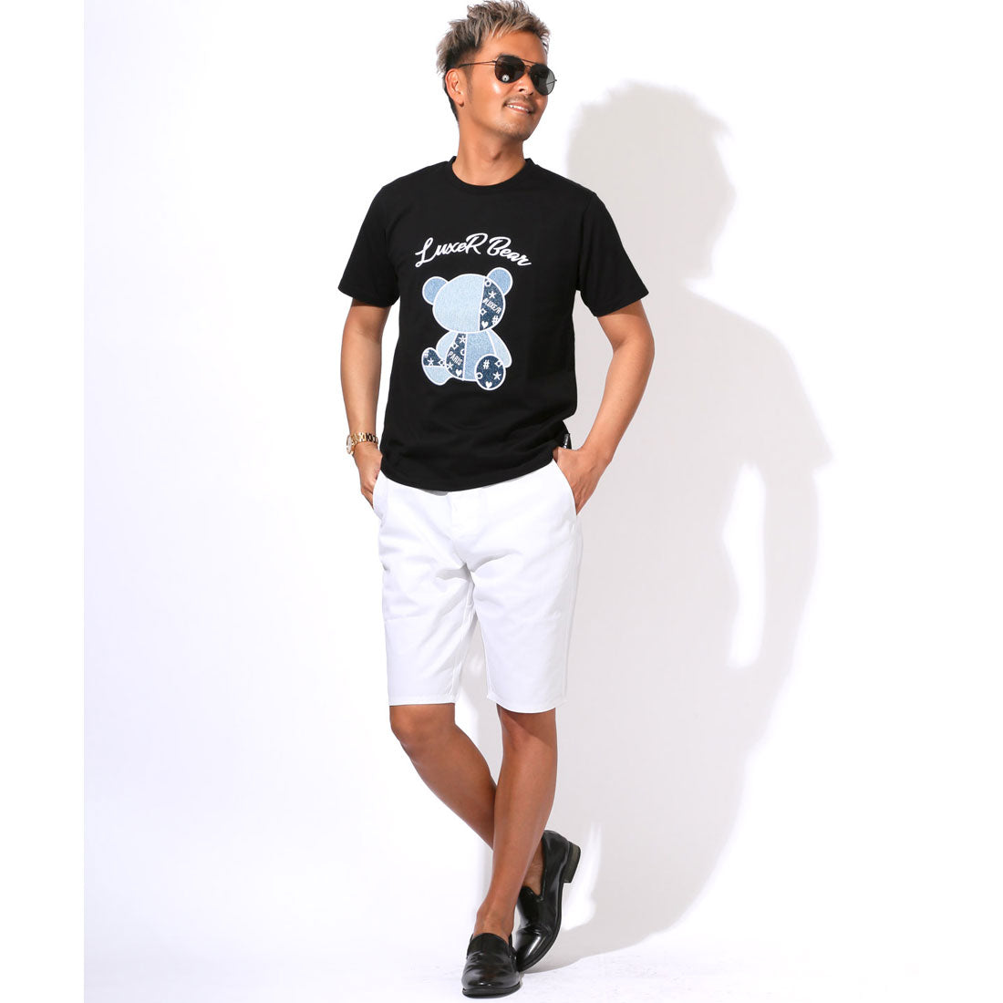 ラグスタイル LUXSTYLE LUXE/R(ラグジュ)デニムベア半袖Tシャツ/トップス カットソー メンズ ブランド 刺繍 ワッペン アップリケ デニム パッチワーク 切替 天竺 （ホワイト） ホワイト