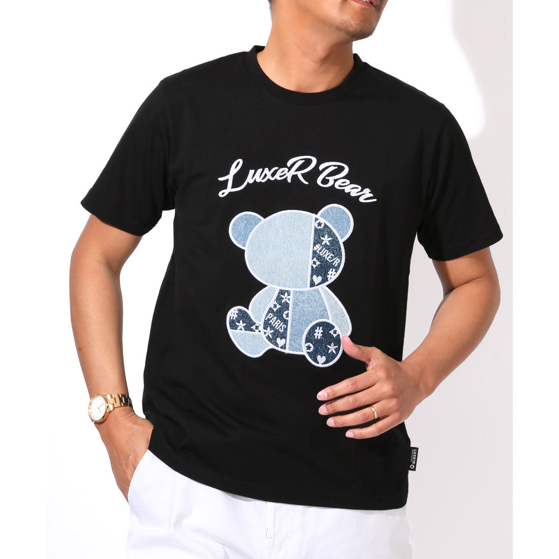 ラグスタイル LUXSTYLE LUXE/R(ラグジュ)デニムベア半袖Tシャツ/トップス カットソー メンズ ブランド 刺繍 ワッペン アップリケ デニム パッチワーク 切替 天竺 （ブラック） ブラック