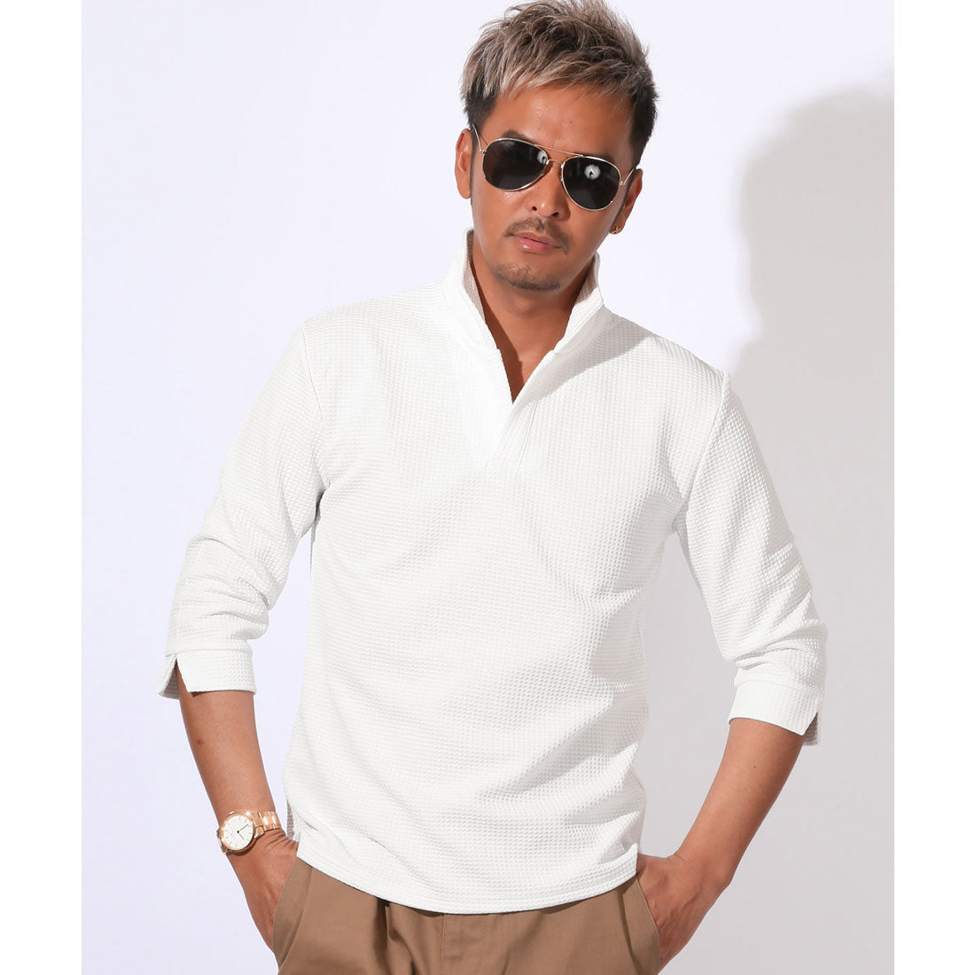 ラグスタイル LUXSTYLE ふくれワッフル柄イタリアンカラー7分袖ポロシャツ/七分 イタリアンカラー 立ち襟 スタンドカラー ワイヤーカラー スキッパー ワッフル ハニカム （ホワイト） ホワイト