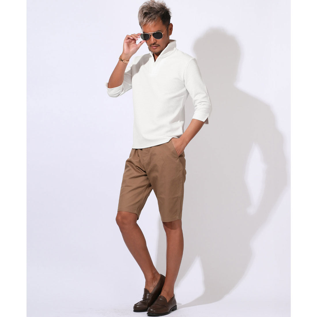 ラグスタイル LUXSTYLE ふくれワッフル柄イタリアンカラー7分袖ポロシャツ/七分 イタリアンカラー 立ち襟 スタンドカラー ワイヤーカラー スキッパー ワッフル ハニカム （ホワイト） ホワイト