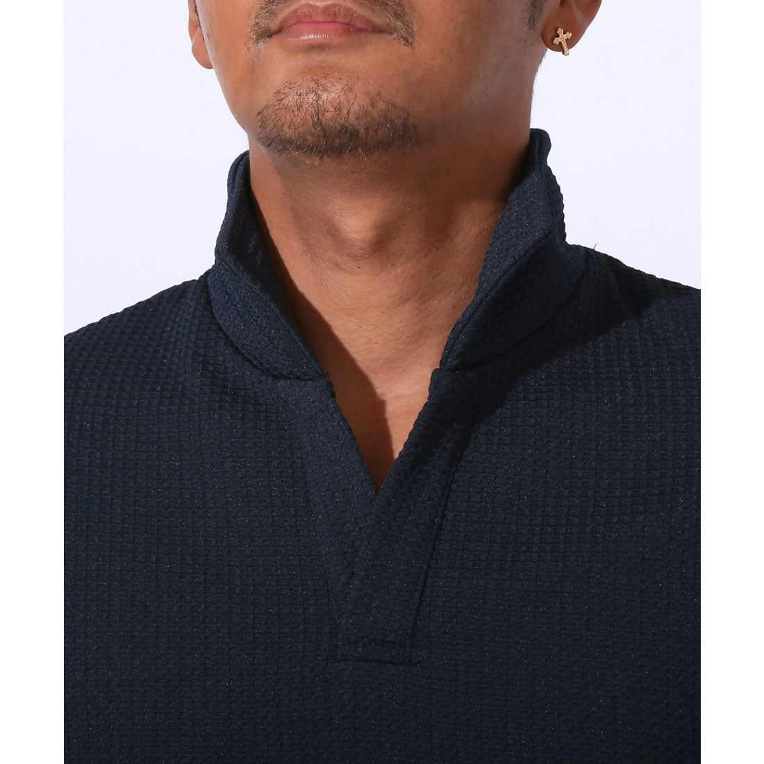 ラグスタイル LUXSTYLE ふくれワッフル柄イタリアンカラー7分袖ポロシャツ/七分 イタリアンカラー 立ち襟 スタンドカラー ワイヤーカラー スキッパー ワッフル ハニカム （ホワイト） ホワイト