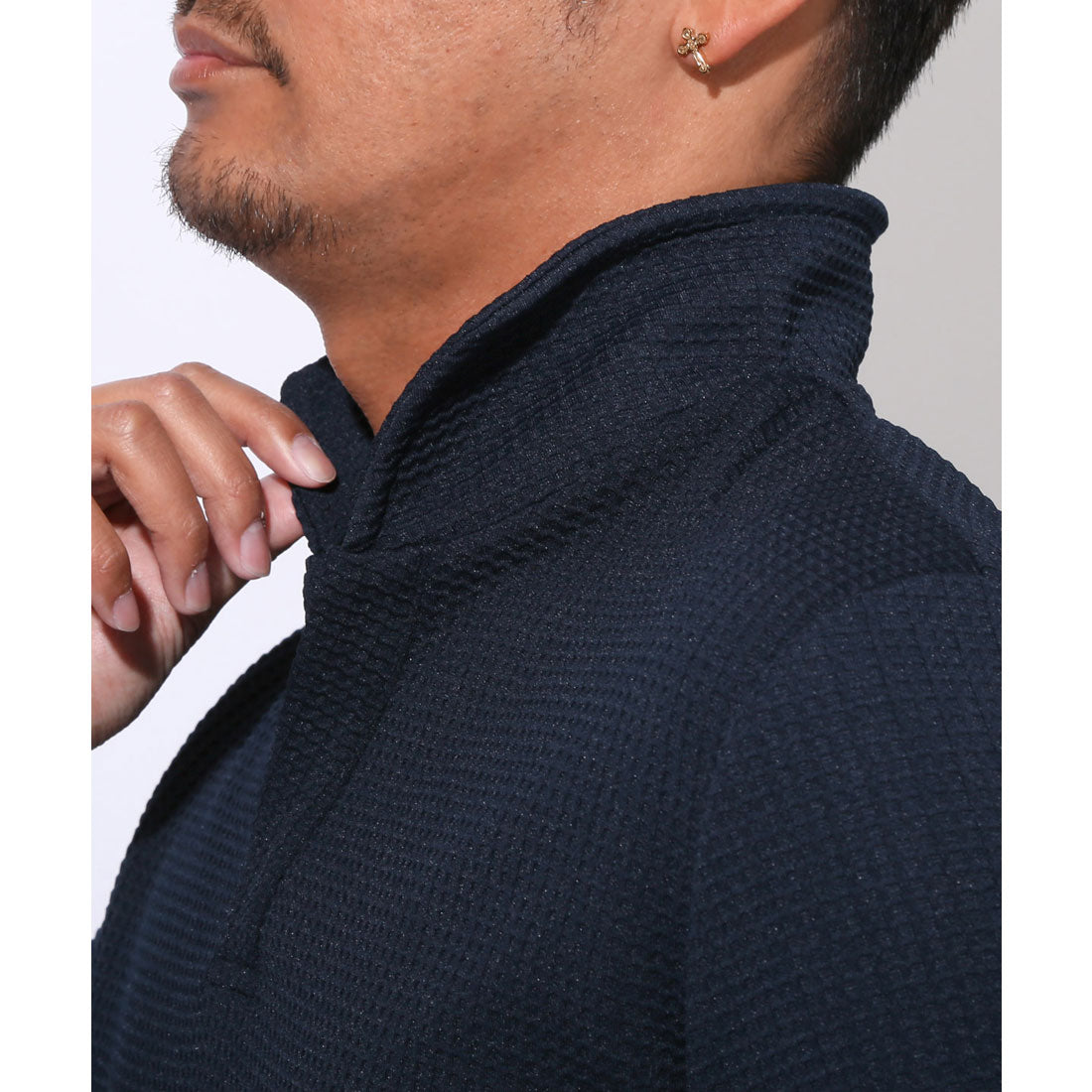 ラグスタイル LUXSTYLE ふくれワッフル柄イタリアンカラー7分袖ポロシャツ/七分 イタリアンカラー 立ち襟 スタンドカラー ワイヤーカラー スキッパー ワッフル ハニカム （ホワイト） ホワイト