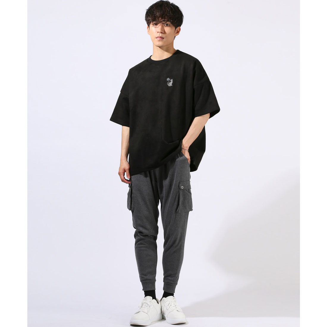 ラグスタイル LUXSTYLE Girls&Catスエード半袖Tシャツ/スエード フェイクスエード 刺繍 バックプリント ワンポイント Girls Cat 女の子 ガール ネコ 猫 大きいサイズ （ブラック） ブラック