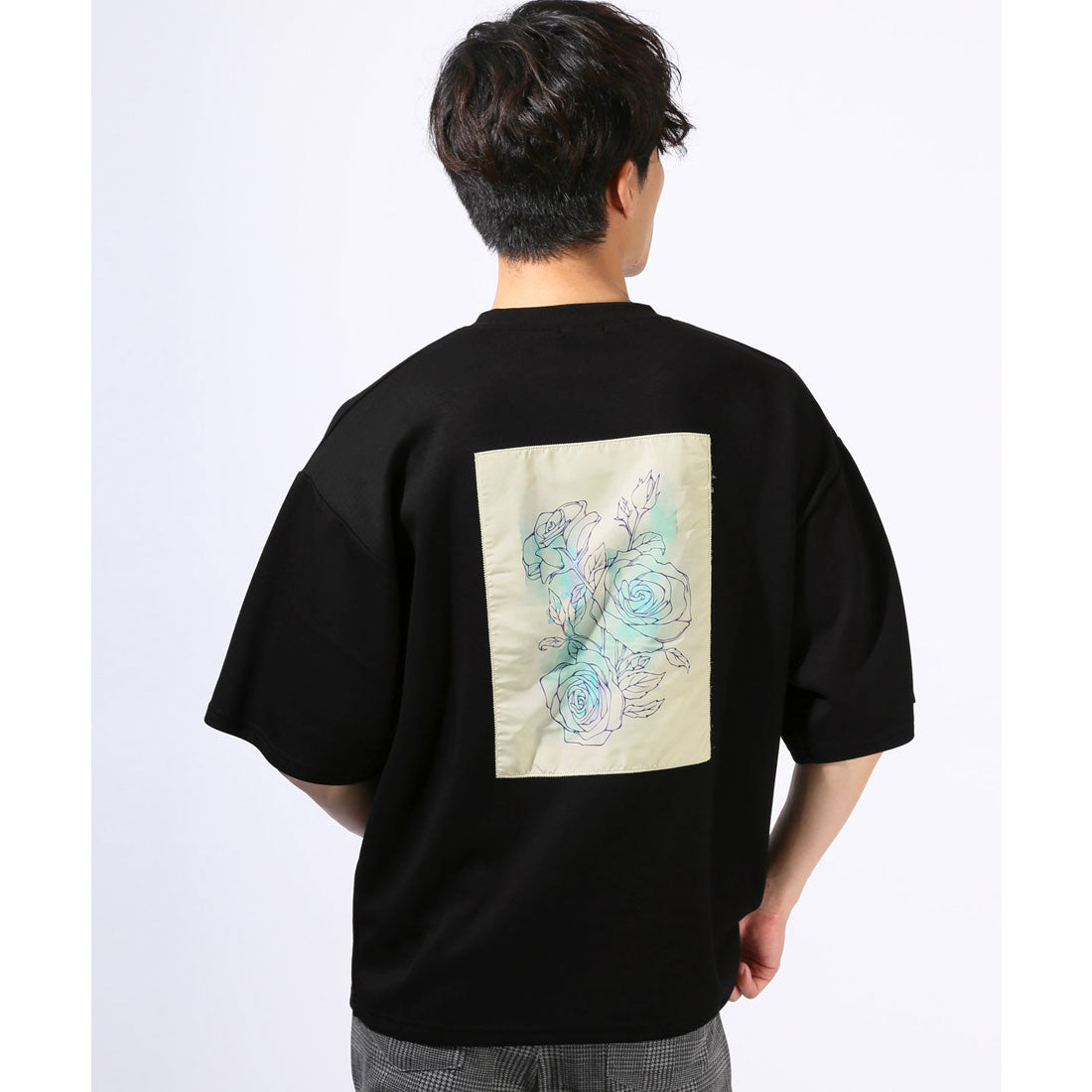 ラグスタイル LUXSTYLE フラワープリントバック貼り付けポンチTシャツ/トップス カットソー メンズ 接触冷感 クール とろみ バックプリント ポンチ ロゴ 薔薇 フラワー プリント （ブラック） ブラック