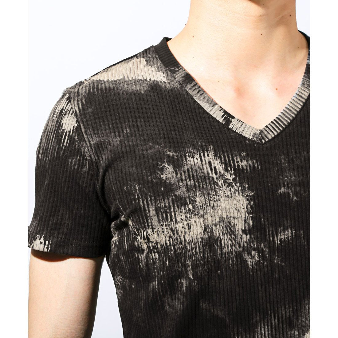 ラグスタイル LUXSTYLE Bernings Sho(バーニングショー)ムラ染めテレコVネックTシャツ/Tシャツ 半袖 メンズ Vネック 半袖Tシャツ VネックTシャツ ムラ染め テレコ リブ タイダイ染め （ブラック） ブラック