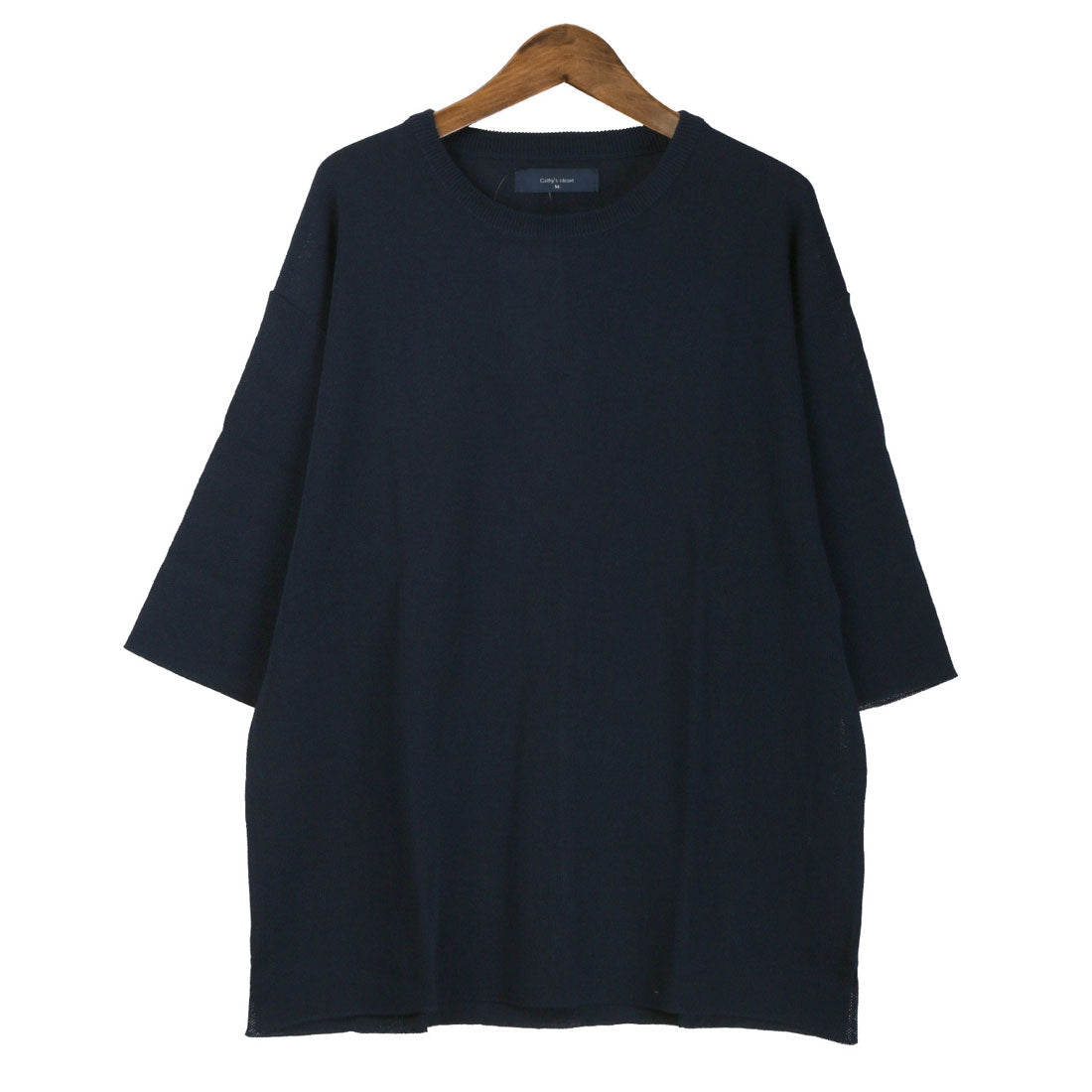 ラグスタイル LUXSTYLE 接触冷感5分袖クルーネックサマーニット/接触冷感 冷感素材 涼しい クール 夏用 レーヨン ナイロン ニット ビッグシルエット オーバーサイズ （ネイビー） ネイビー