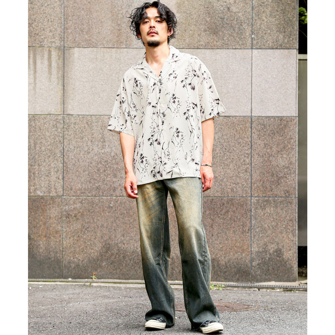 ラグスタイル LUXSTYLE 花柄オープンカラー半袖シャツ/シャツ 半袖 開襟シャツ 花柄 総柄 ビッグシルエット 薄手 柄シャツ メンズシャツ モノトーン ゆったり （ホワイト） ホワイト