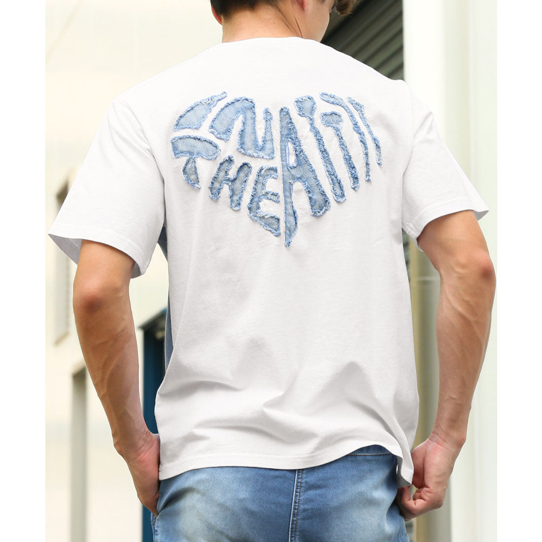 ラグスタイル LUXSTYLE バックデニムハートロゴアップリケ半袖Tシャツ/トップス カットソー メンズ デニム ハート アップリケ 切り替え リメイク風 配色 ロゴ 刺繍 綿 コットン （ホワイト） ホワイト