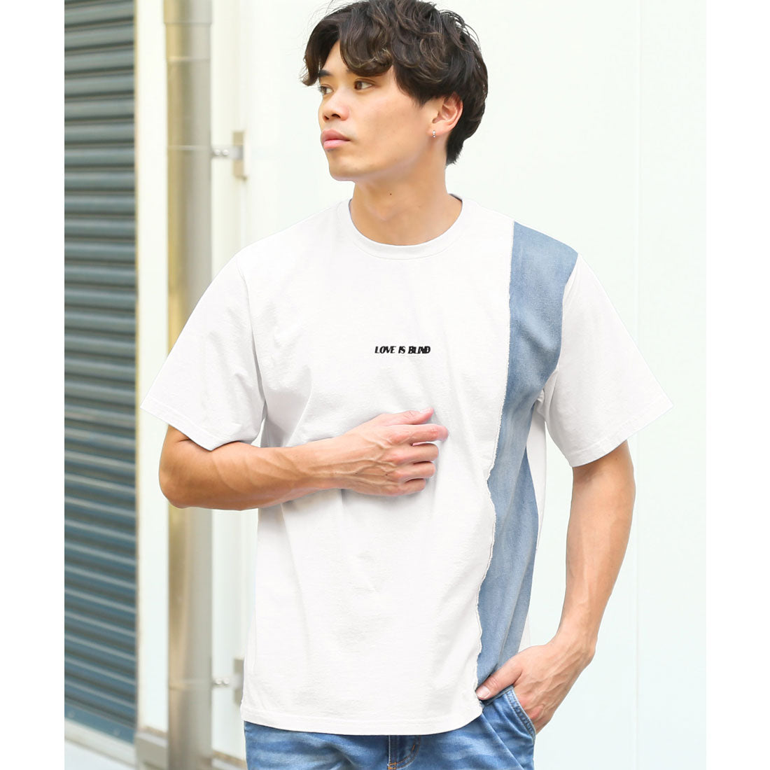 ラグスタイル LUXSTYLE バックデニムハートロゴアップリケ半袖Tシャツ/トップス カットソー メンズ デニム ハート アップリケ 切り替え リメイク風 配色 ロゴ 刺繍 綿 コットン （ホワイト） ホワイト