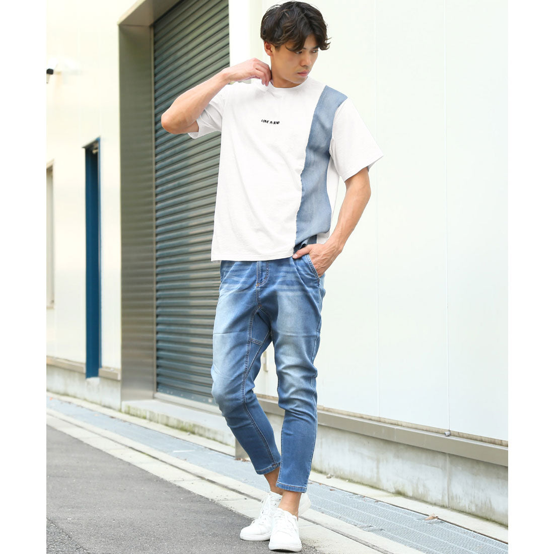 ラグスタイル LUXSTYLE バックデニムハートロゴアップリケ半袖Tシャツ/トップス カットソー メンズ デニム ハート アップリケ 切り替え リメイク風 配色 ロゴ 刺繍 綿 コットン （ホワイト） ホワイト